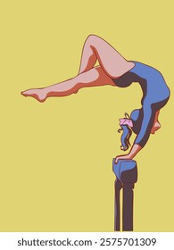 Girl gymnast doing exercise on balance beam. Vector illustration.