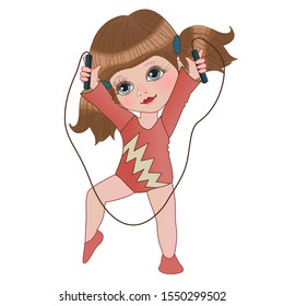 girl gymnast dressed in pink  sports uniforms performs an exercise with a skipping rope, color clip-art on a white isolated background