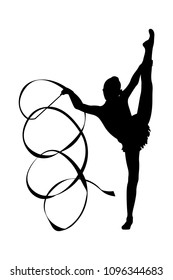 girl gymnast exercise with ribbon in vertical split black silhouette