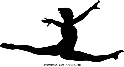 Girl gymnast exercise split in jump. isolated black silhouette