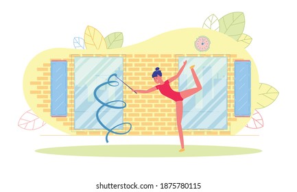 Girl, Gymnast Gracefully Show her Stretching. Athlete Repeat her Performance, Perform Movement from Rhythmic Gymnastic. Girl in Leotard with Beautiful, Silk Ribbon on Wooden Stick.