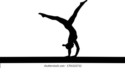 girl gymnast handstand exercise on balance beam. isolated black silhouette