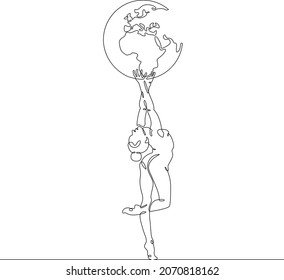 Girl gymnast is holding a ball. Earth globe planet. Female character holding earth.One continuous line .One continuous drawing line logo isolated minimal illustration.