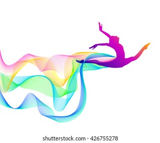 girl gymnast with a loop of multi-colored lines
