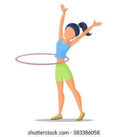 Girl gymnast make fitness exercise with red hula-hoop. Vector illustration.