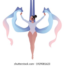 Girl gymnast on aerial silks. Simple vector color illustration isolated on white background.