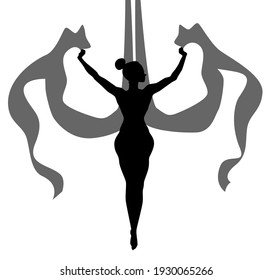 Girl gymnast on aerial silks. Simple vector monochrome illustration isolated on white background.