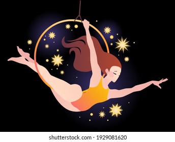 Girl gymnast on the ring against the background of the night sky and stars. Simple vector color illustration on a dark background.