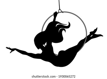 Girl gymnast on the ring. Simple vector monochrome illustration isolated on white background.