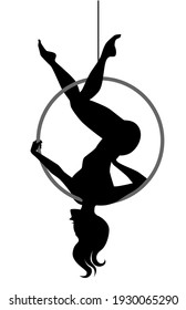 Girl gymnast on the ring. Simple vector monochrome illustration isolated on white background.