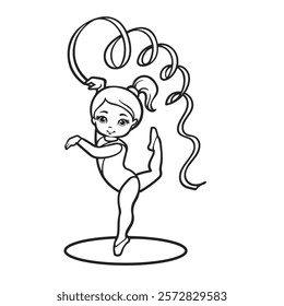 A girl gymnast. performing a ribbon dance. Drawing with line art. Simple design. Vector illustration