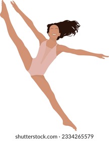 A girl gymnast in a pink costume performs an athletic element in a vault