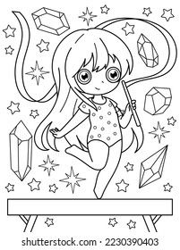 Girl gymnast with a ribbon and gems. Coloring book with a girl gymnast. Sport. Black and white vector illustration.