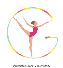 Girl gymnast with ribbon in rainbow colors in the shape of the letter G. Emblem of Women's Rhythmic Gymnastics. Artistic Sport Dance Performance. Vector illustration.