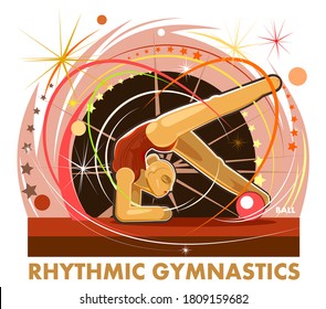 Girl gymnast. Sport symbol. Isolated vector illustration on white background. A woman performs in competitions. Rhythmic gymnastics logo with a ball. Art
