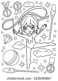 Girl gymnast with sports equipment and awards. Coloring book with a girl gymnast. Sport. Black and white vector illustration.