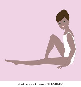 Girl gymnast in sports swimsuit. A teenager in a leotard. Ballerina sitting.