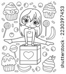 Girl gymnast with sweets. Coloring book with a girl gymnast. Sport. Black and white vector illustration.