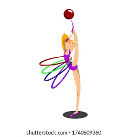 Girl gymnast twists hoops and a ball.