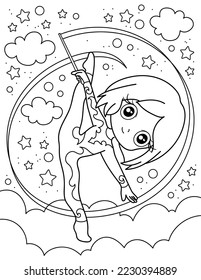 Girl with a gymnastic ribbon. Coloring book with a girl gymnast. Sport. Black and white vector illustration.