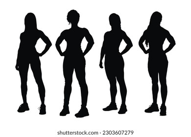 Gimnastas femeninas y levantadores de pesas, silueta de cuerpo completo, ponen vector sobre un fondo blanco. Conjunto de diseño de silueta de constructores de bodybuilder, situado en diferentes posiciones. Constructoras de cuerpos con caras anónimas.