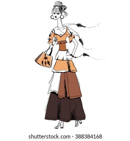 The girl in Gypsy dress. Boho style.  Linear pattern on a white background.  For t-shirts print, phone case, posters, bag print, cup print, girls diary or notepad cover . Boho woman.