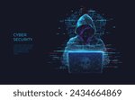 Girl hacker in a hoodie using a laptop. Abstract digital polygonal hack woman in blue on technology dark background. Cybersecurity or cyber attack concept. Computer scam. Low poly vector illustration 