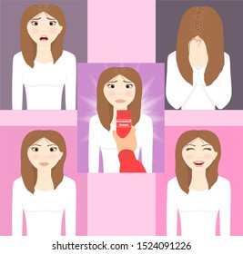 The girl had dandruff. She cried. She was offered an anti-dandruff shampoo. Shampoo helped her get rid of dandruff. Now she's happy. Character in white clothes on a pink background. 