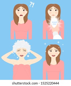 The girl had dandruff and she was upset. She was offered an anti-dandruff shampoo. After washing her hair with this shampoo, she got rid of dandruff. Now her hair is shining. The girl is happy.