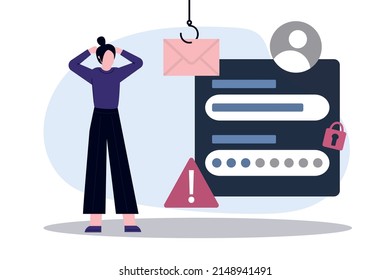 Girl had hacker attack. Female internet user open scam email. Fraud investigation and prevention. Phishing attacking concept. Hackers stealing privacy account, data and password. Vector illustration