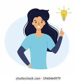 Girl had an idea. Search for solution to problem. Woman and yellow light bulb.