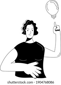 The girl had a new idea, an idea in the form of a light bulb. Girl in black contour style