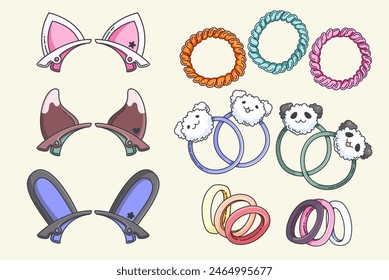 Girl hair accessory. Head band with ears and elastic ribbon vector set. Isolated scrunchy and female beauty rubber. Cute and fancy girlish grooming bend accessories with bear and panda element