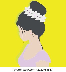 Girl in hair bun which is covered by  flower vector art.