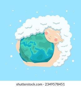 Girl with hair from the clouds lovingly embraces the planet. Earth Day is an international holiday. The concept of caring for the planet.