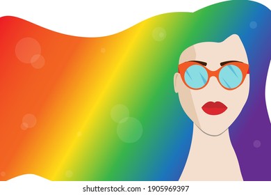 Girl with hair in the color of the LGBT flag. Bisexual, Lesbian, Gay, Transgender. Human rights and tolerance. Card with place for your text. LGBT Pride. EPS10