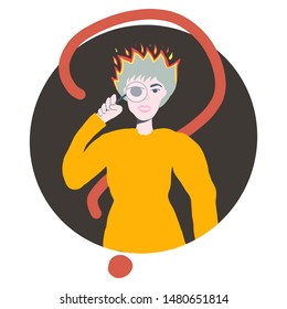 Girl with hair on fire. Person stressed. Woman looking through magnifying glass with question mark. Flat cartoon style. Vector illustration. 