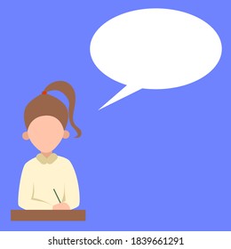 A girl with hair in a ponytail answers in class. The student raised his hand. People on the belt. white cloud for text. Vector illustration on a blue isolated background.