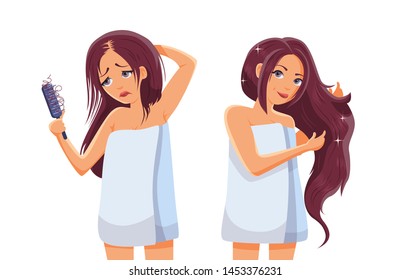 Girl with hair problem, fall, alopecia, damage, beauty woman cartoon style