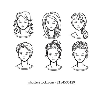 Girl hair set. The face of a pretty girl. pretty haircut. long, long, curly hair. hair salon and trendy hairstyle. Vector icon set isolated