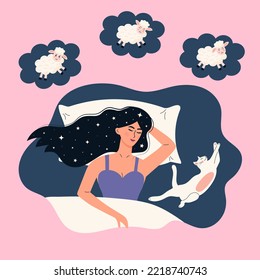 Girl With Hair In Stars Is Lying In Bed With White Cat. Young Woman Falling Asleep, Dreaming And Counting Sheep. Dream Cloud With Jumping Lambs. Healthy Sleeping, Sweet Dreams, Pet, Home, Comfort.