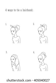 Girl hairband. 4 ways to tie. Vector illustration