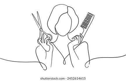 Girl hairdresser line art drawing. Woman holding scissors and comb in her hands continuous line art drawing isolated on white background. Vector illustration