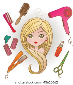 Girl in hairdresser salon. Vector illustration of a pretty girl in a hairdresser salon, having her long blond hair styled.