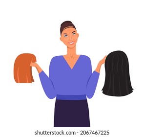 Una chica con un peinado en el pelo sujeta pelucas en sus manos. Una joven sonriente elige una peluca. Ilustración vectorial de estilo plano, aislada en un fondo blanco.