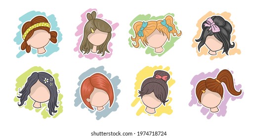 Girl hairstyle collection. Hand drawn cartoon 