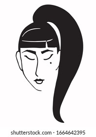 Girl with hairstyle. Doodle beautiful woman face. International Women's Day.  Line handdrawn portrait isolated on white background. Vector illustration for tatto, logo, print, avatar. Feminism concept