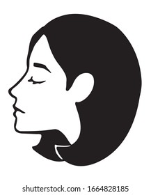Girl with hairstyle. Doodle beautiful woman face profile. International Women's Day. Line hand drawn portrait isolated on white. Vector illustration for tattoo, logo, print, avatar. Feminism concept.