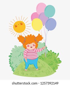 girl with hairstyle game with balloons and sun