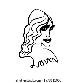 Girl with hairstyle and long eyelashes. Love outline lettering. Doodle beautiful woman face. International Women's Day. One line drawing portrait isolated on white background.Vector sign illustration.